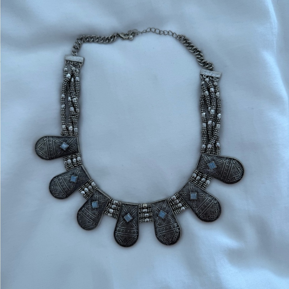 Boho Silver Statement Necklace with faux blue stones